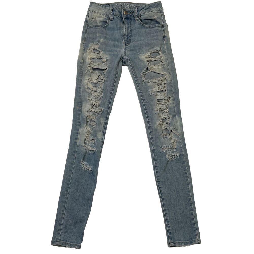 American Eagle 00 Hi Rise Jegging 360 Super Stretch Destroyed Denim Jeans 23x28
